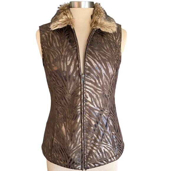 Powder River Outfitters Panhandle Slim Vest Brown Zebra Faux Fur Collar SMALL - Picture 1 of 9